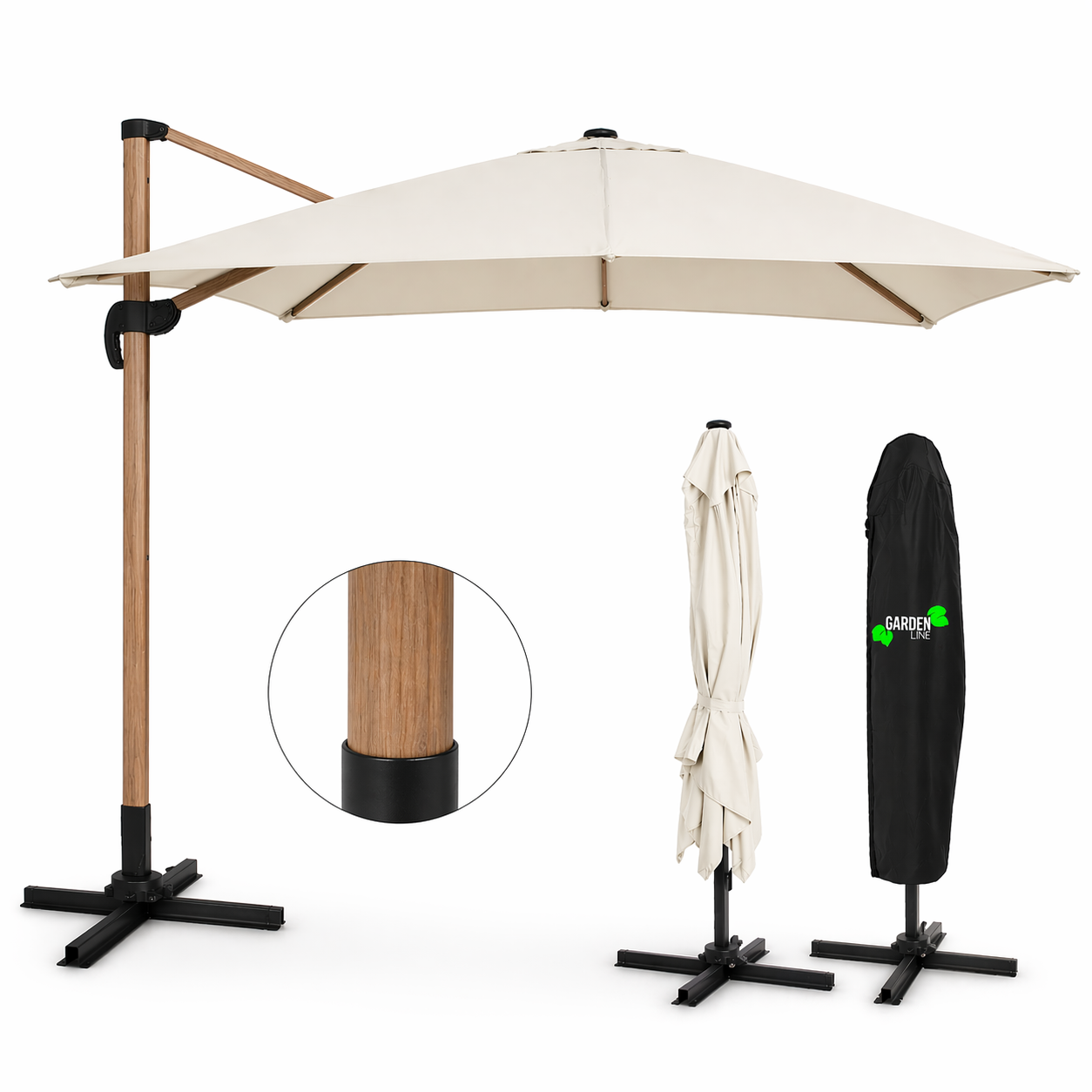 Parasol de jardin 3 x 3 m Roma avec housse – effet bois