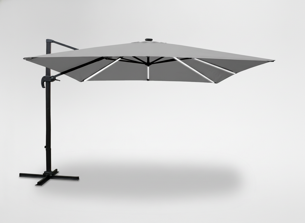 PARASOL DE JARDIN 3 x 3 M GRIS "ROMA" AVEC HOUSSE ET LED
