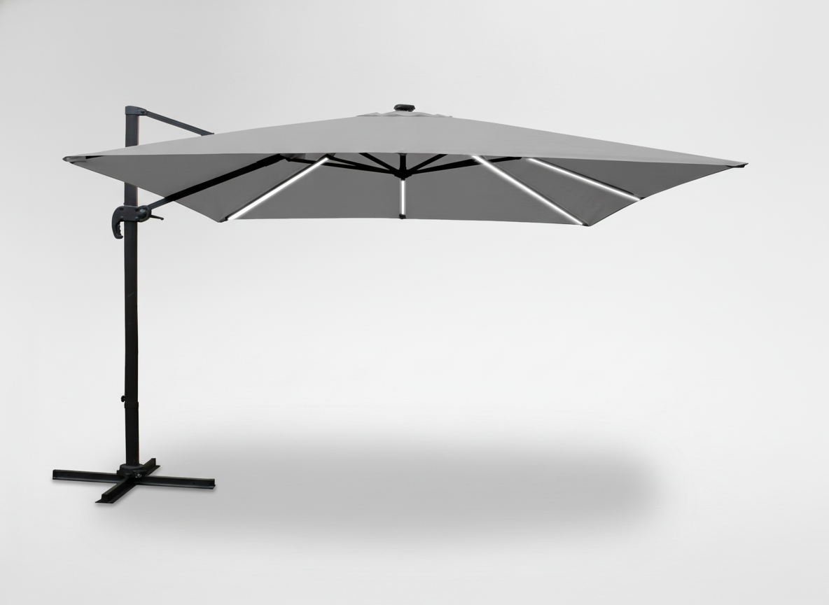 PARASOL DE JARDIN 3 x 3 M GRIS "ROMA" AVEC HOUSSE ET LED