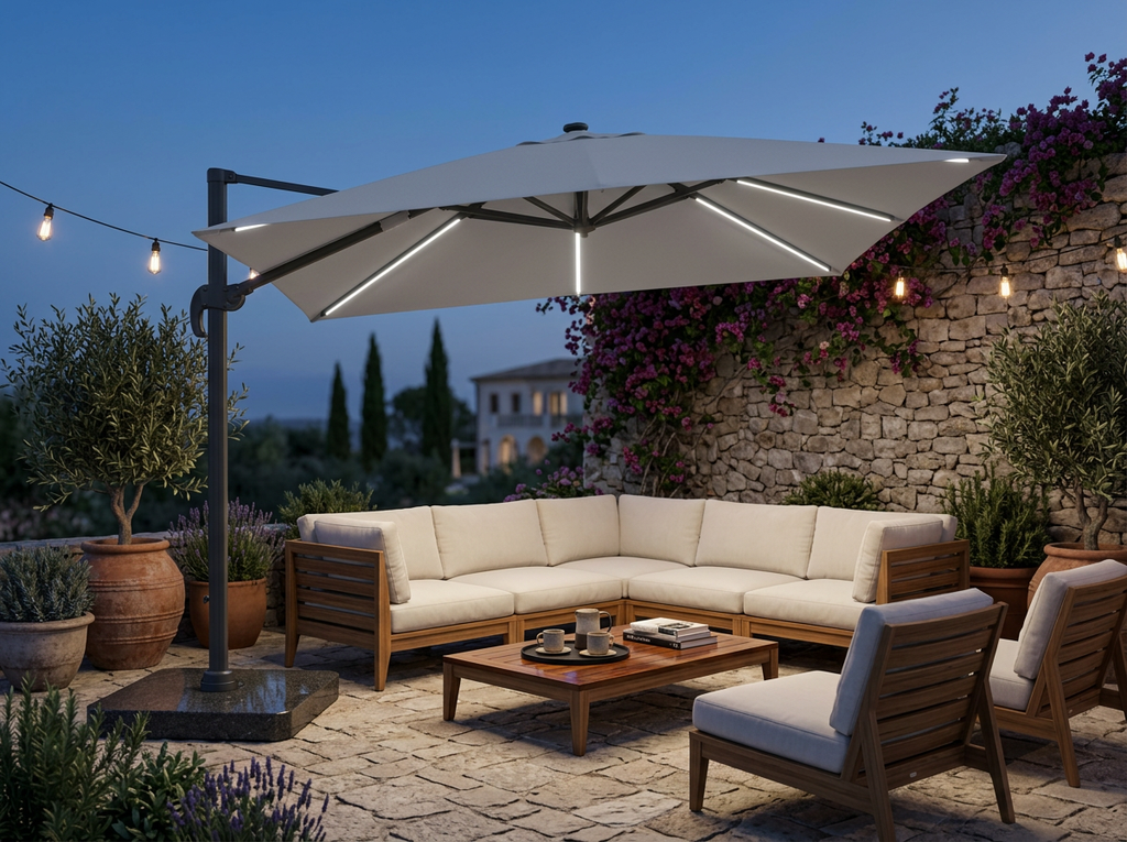 PARASOL DE JARDIN 3 x 3 M GRIS "ROMA" AVEC HOUSSE ET LED