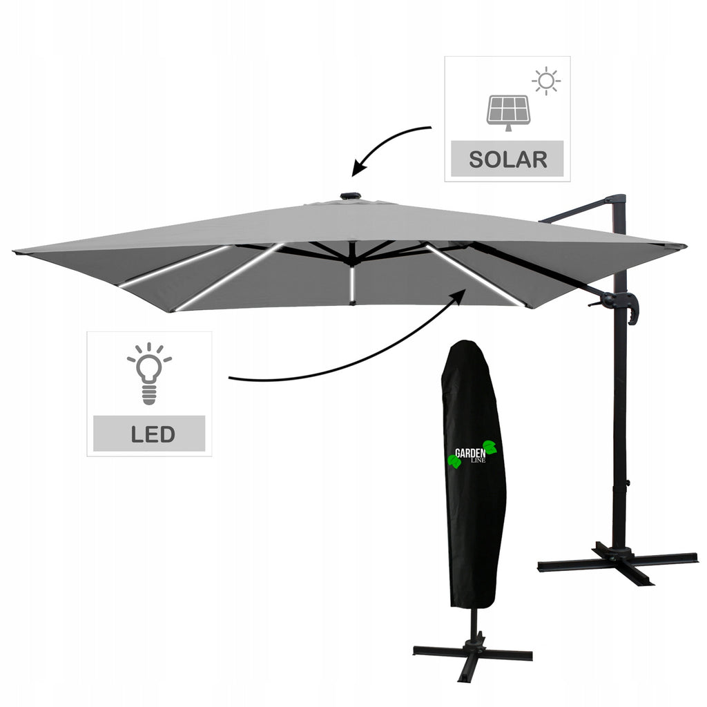 PARASOL DE JARDIN 3 x 3 M GRIS "ROMA" AVEC HOUSSE ET LED