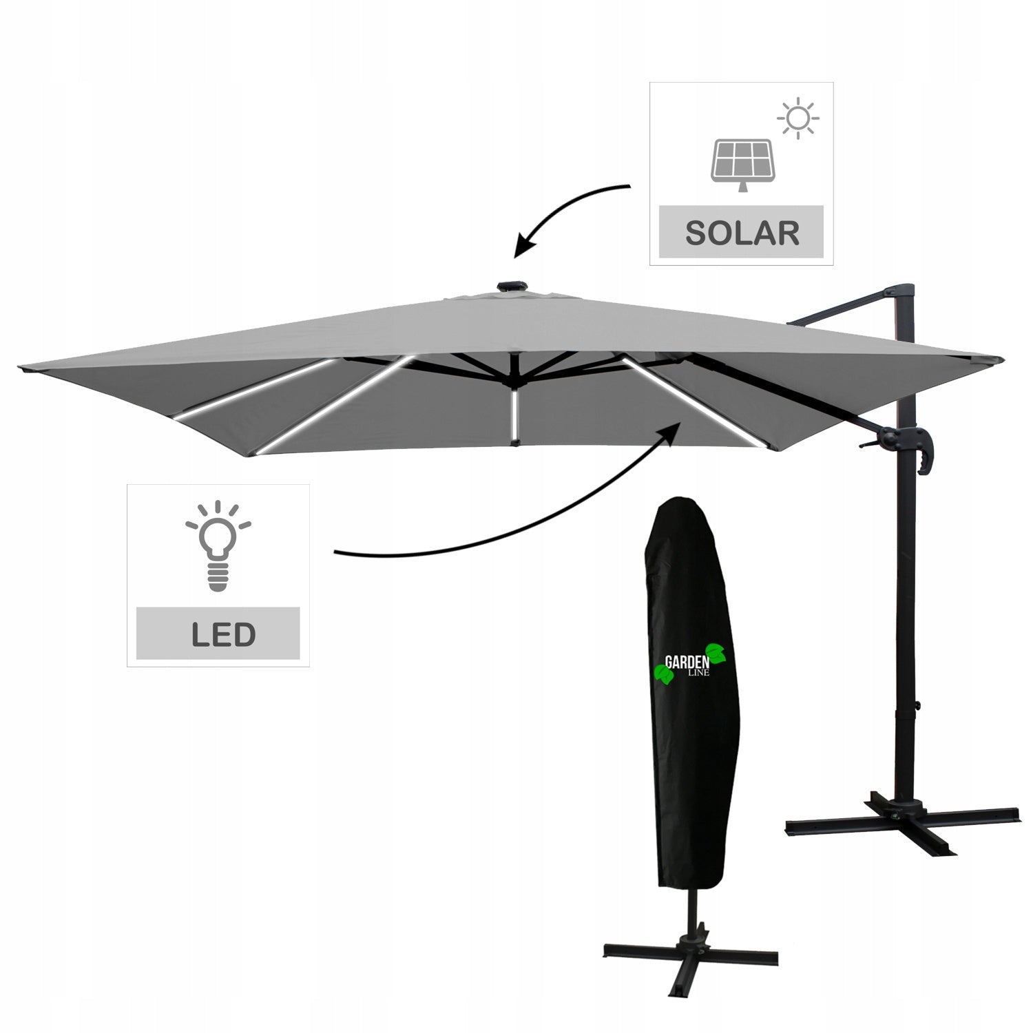 PARASOL DE JARDIN 3 x 3 M GRIS "ROMA" AVEC HOUSSE ET LED