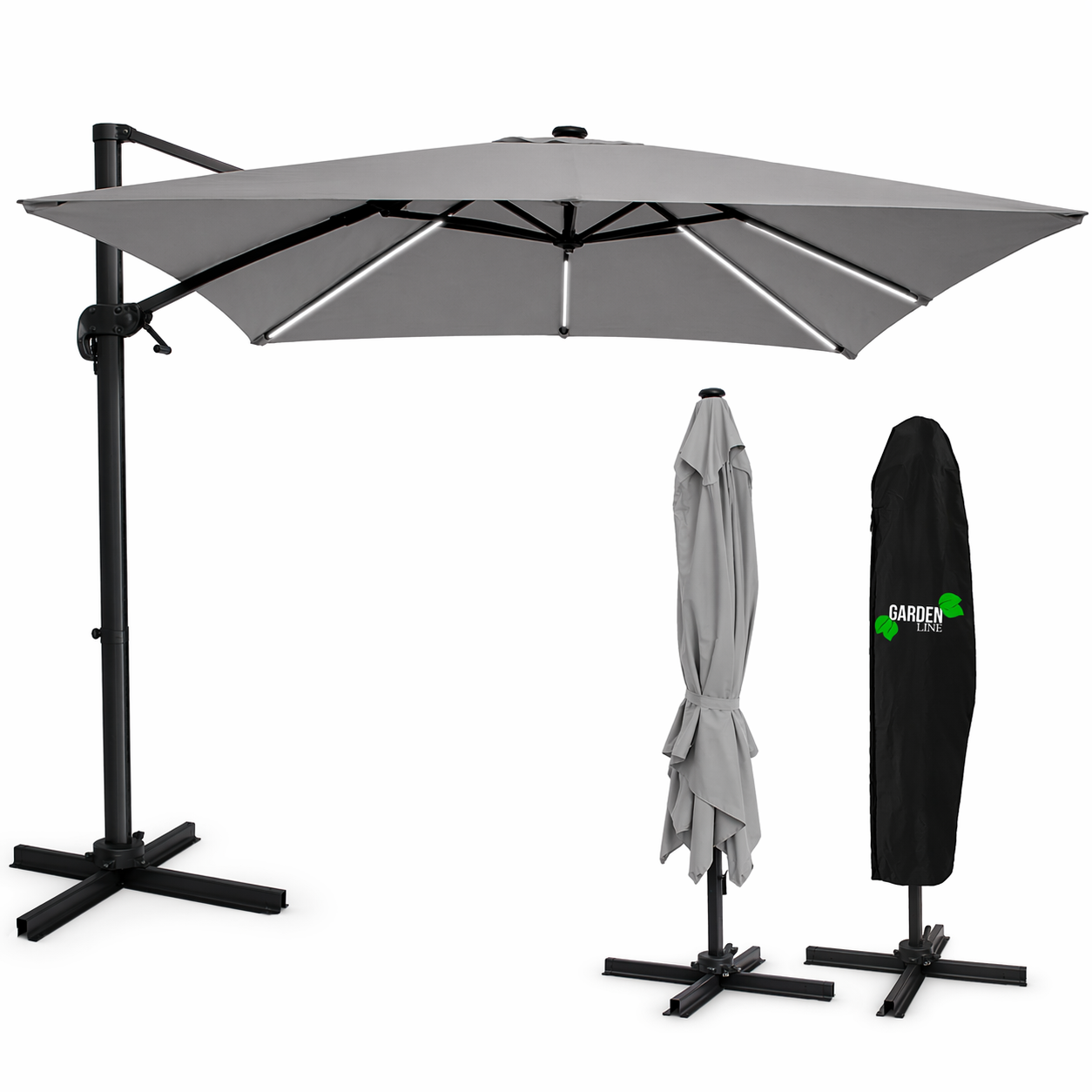 PARASOL DE JARDIN 3 x 3 M GRIS "ROMA" AVEC HOUSSE ET LED