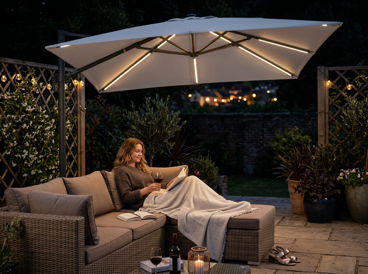 PARASOL DE JARDIN 3 x 3 M GRIS "ROMA" AVEC HOUSSE ET LED