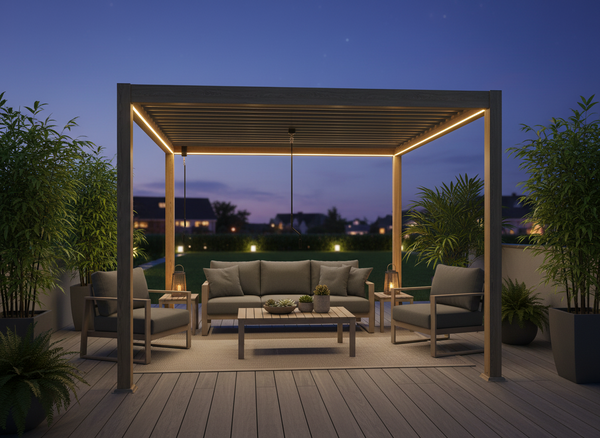 PERGOLA BIOCLIMATIQUE EN ALUMINIUM LED - ASPECT BOIS