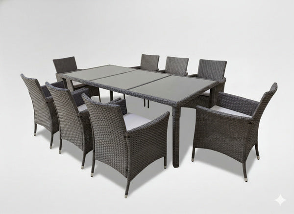 SALON DE JARDIN / 8 FAUTEUILS + GRANDE TABLE / MARRON + BEIGE