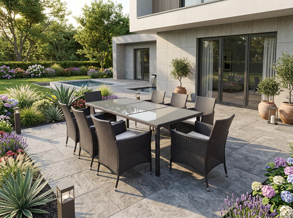 SALON DE JARDIN / 8 FAUTEUILS + GRANDE TABLE / MARRON + BEIGE
