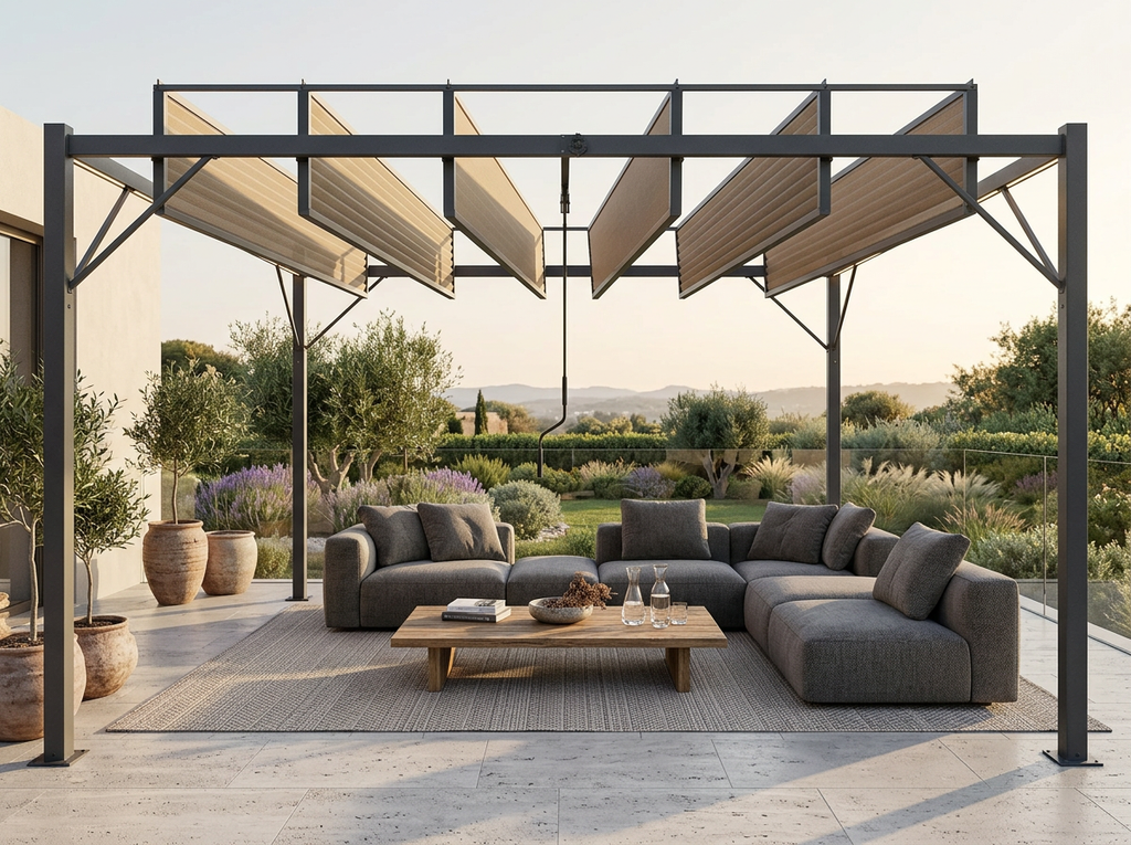 PERGOLA DE JARDIN AVEC LAMES ORIENTABLES EN POLYCARBONATE MARRON