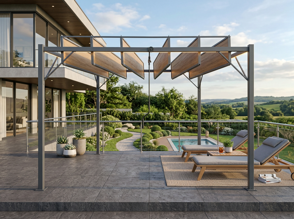 PERGOLA DE JARDIN AVEC LAMES ORIENTABLES EN POLYCARBONATE MARRON